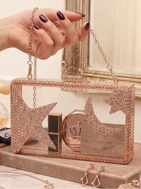 NWT Gold Crystal Star & Moon Celestial Hard Case Evening Clutch Bag Festival